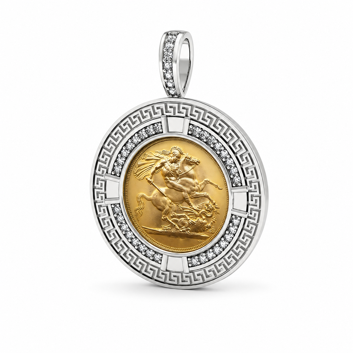 Half Sovereign Greek Key Silver Pendant + Chain - product image